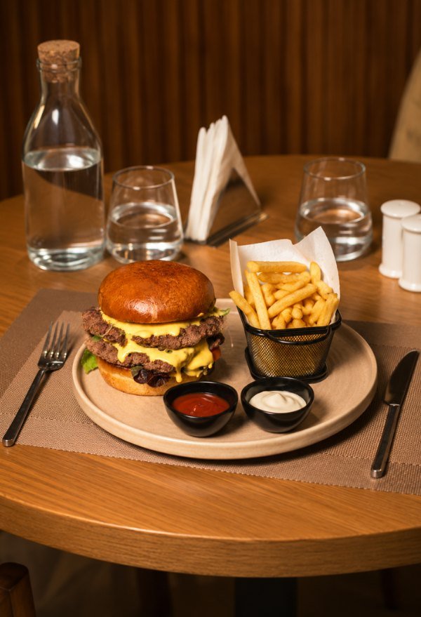 Double cheeseburger et frites maison de Nola by Ari